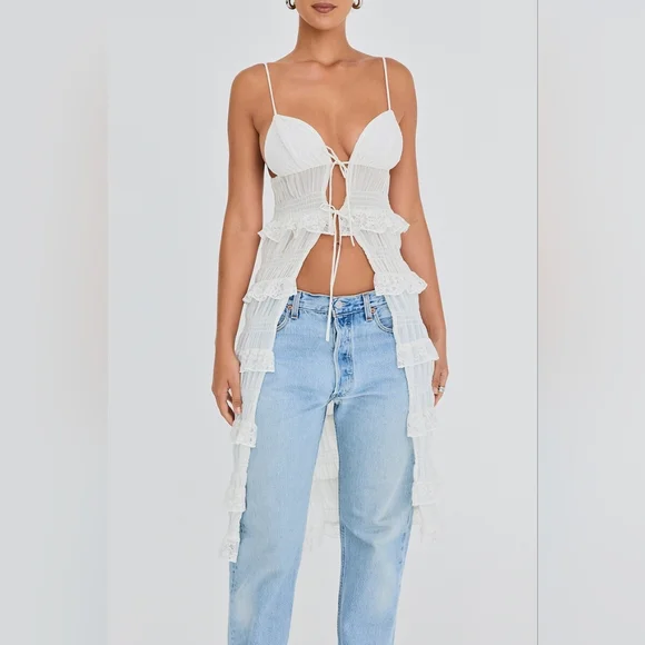 NWT Mistress Rocks White Lace Frilled Longline Midi Top‎ L - Picture 2 of 8